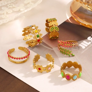 6-piece bohemian gold-plated ring set with colorful enamel leaf and flower designs