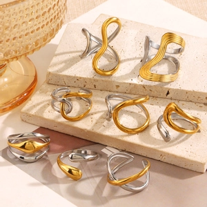 Stainless Steel Two Tone Gold Silver Open Rings For Women Minimalist Geometric Wave Twisted Adjustable Fashion Ring Jewelry Accessory