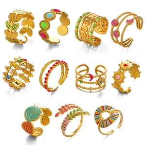 Minimalist gold adjustable rings with colorful enamel designs and vintage leaf patterns