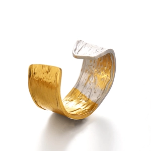 18K gold plated stainless steel wide ring with unique bark texture and two-tone finish