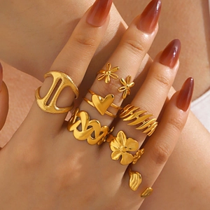 Western Fashion Stainless Steel Open Ring Adjustable Flower Heart Geometric Hip Hop Minimalist Ring Jewelry For Women