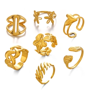 Set of minimalist 18K gold plated stainless steel open rings with floral and geometric designs