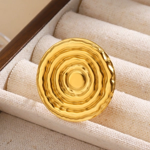 Chunky 18k gold plated stainless steel square ring with textured sunburst flower pattern