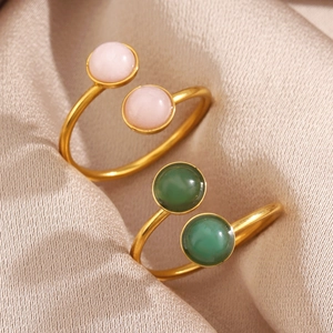 Anillo Abierto de Acero Inoxidable Chapado en Oro 18K Mujer Geométrico Redondo Rosa Verde Piedra Natural Ajustable Joyería
