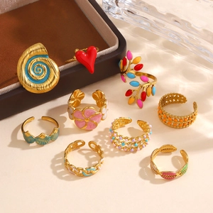 Anello in Acciaio Inossidabile Vintage Placcato Oro 18K Smalto Bohémien Fiore Foglia Cuore Geometrico Anello Aperto Regolabile Gioielli Donna