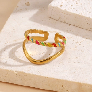 18k gold plated twist rope ring with colorful enamel heart details and adjustable opening