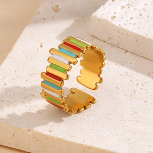 18k gold plated open ring with colorful enamel stripes and wavy scalloped edges