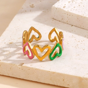 Colorful drip oil heart-shaped 18k gold plated open ring with multi-color floral design