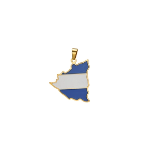 Macro detail of Nicaragua map pendant featuring 18K gold plating and enamel flag colors