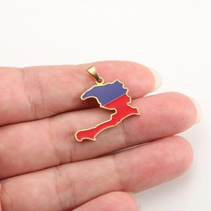 Haiti map pendant in 18K gold plated stainless steel with red and blue enamel detail