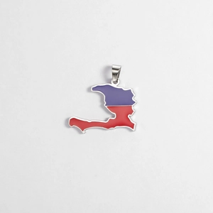 Detail of 18K gold-plated Haiti map pendant with blue and red enamel finish