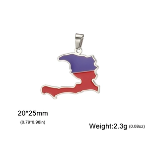 Macro detail of Haiti map pendant in gold steel with enamel flag and size specifications