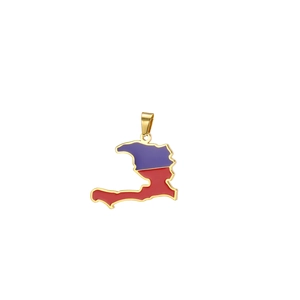 Detail of Haiti map pendant with 18K gold plating and blue red enamel finish