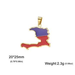 Haiti map pendant in 18K gold plated steel with blue and red enamel, 20x25mm size