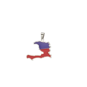 Detail view of silver Haiti map pendant with blue and red enamel flag colors