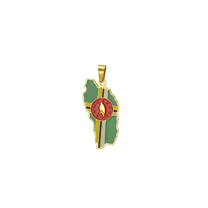 Detail of Dominica map flag pendant with green enamel and gold-plated metal outline