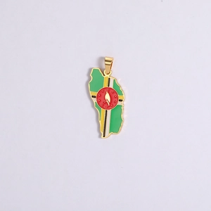 Macro detail of Dominican Republic map pendant with flag enamel and golden hanging hook