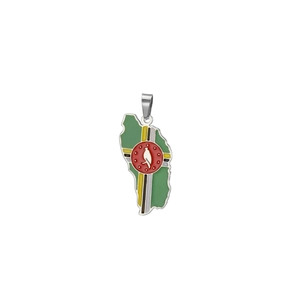 Macro detail of stainless steel Dominica map charm with colorful enamel flag finish