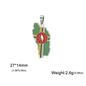 Dominica map pendant in stainless steel with colorful enamel finish and size details