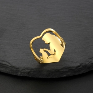 18K gold plated stainless steel heart ring with mother and child silhouette design