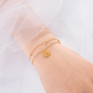 Bracelet Pendentif Marguerite Double Couche Acier Inoxydable Chaîne À Billes Minimaliste Fleur Creuse Bijoux Mode Pour Femmes