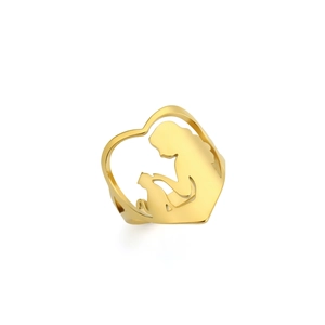 Golden heart-shaped stainless steel ring featuring a silhouette of a woman and cat