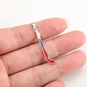 Chile national map flag pendant in red, white and blue enamel with silver metal frame