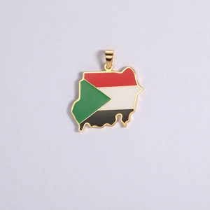 Detail of Sudan map pendant with colorful flag enamel and 18K gold plated stainless steel
