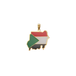 Detail of 18K gold plated Sudan map pendant featuring colorful enamel flag design