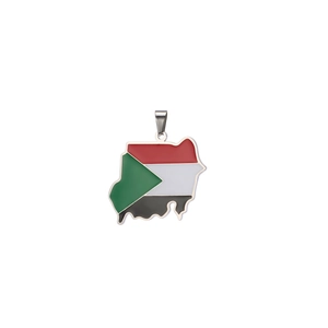 Detailed view of Sudan map pendant with national flag colors in 18K gold plated steel