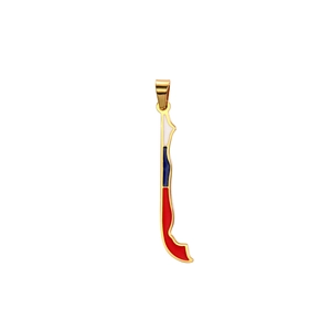 Detailed close-up of golden Chile map pendant with flag enamel colors and hanging loop