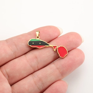 Saint Kitts and Nevis map pendant in 18K gold finish with colorful enamel flag