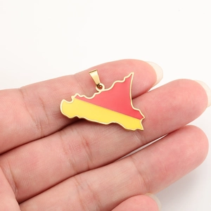 18K gold plated Sicily map pendant with red and yellow enamel on white background