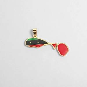 Detail of 18K gold plated Saint Kitts and Nevis map pendant with enamel flag design