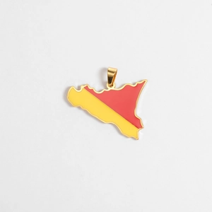Macro view of 18K gold plated Sicily island map pendant with red and yellow enamel