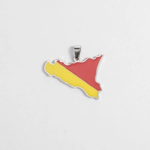 Detailed macro view of 18K gold plated Sicily map pendant with red and yellow enamel finish