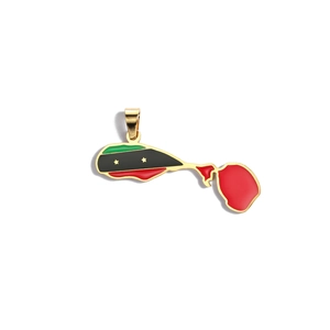 Detail of Saint Kitts and Nevis map pendant with enamel flag colors and 18K gold plating