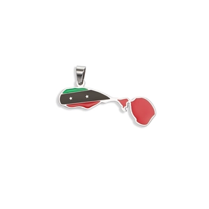 Macro detail of Saint Kitts and Nevis map pendant with flag enamel and gold plating