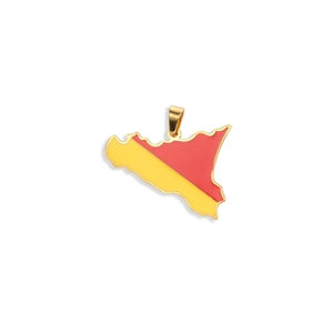 Detail of 18K gold plated Sicily map pendant with red and yellow enamel craft