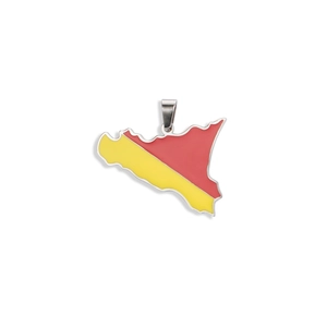 Detailed close-up of 18K gold plated Sicily map charm with red and yellow enamel