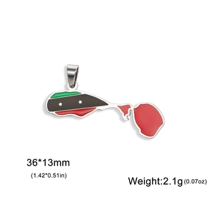 Detail view of 36x13mm Saint Kitts and Nevis map pendant with flag enamel and 18K gold finish
