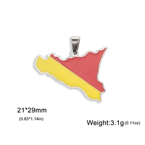 Detail of 18K gold plated Sicily map pendant with yellow and red enamel drip oil finish
