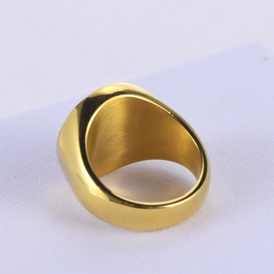 Polished gold stainless steel signet ring for men featuring a 19mm wide flat surface