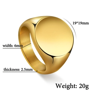 Polished gold stainless steel 19mm signet ring for men with flat round surface design