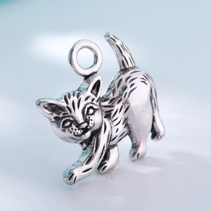 Macro shot of antique silver alloy cat pendant with detailed fur texture and hanging ring