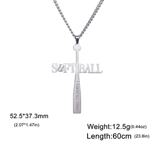Detail of stainless steel softball cross necklace with I CAN DO ALL THINGS engraving