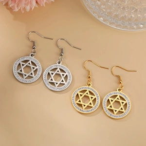 Star of David dangle earrings with rhinestone halo in gold and silver finish