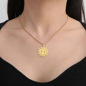 18K gold plated stainless steel radiant sun eye pendant necklace worn on model