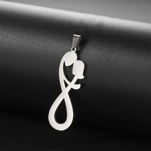Polished stainless steel infinity embrace pendant for DIY jewelry on leather stand
