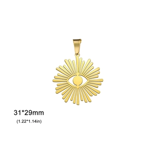 18K gold plated stainless steel sunburst eye pendant with dimensions 31x29mm